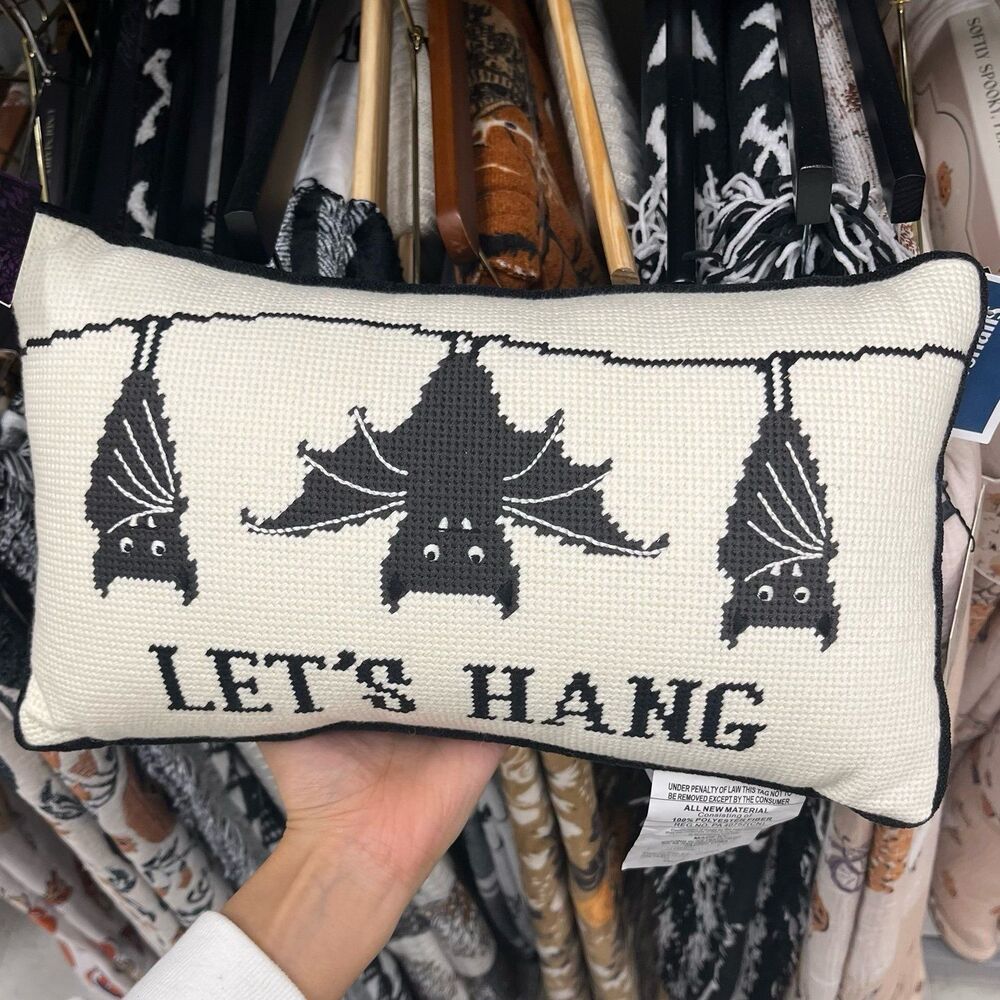Halloween Needlepoint Bat "Let's Hang" Decorative Throw Pillow